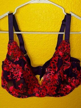 Playful Promises Ada Purple & Neon Pink Blossom Plunge Bra 38H mesh cups